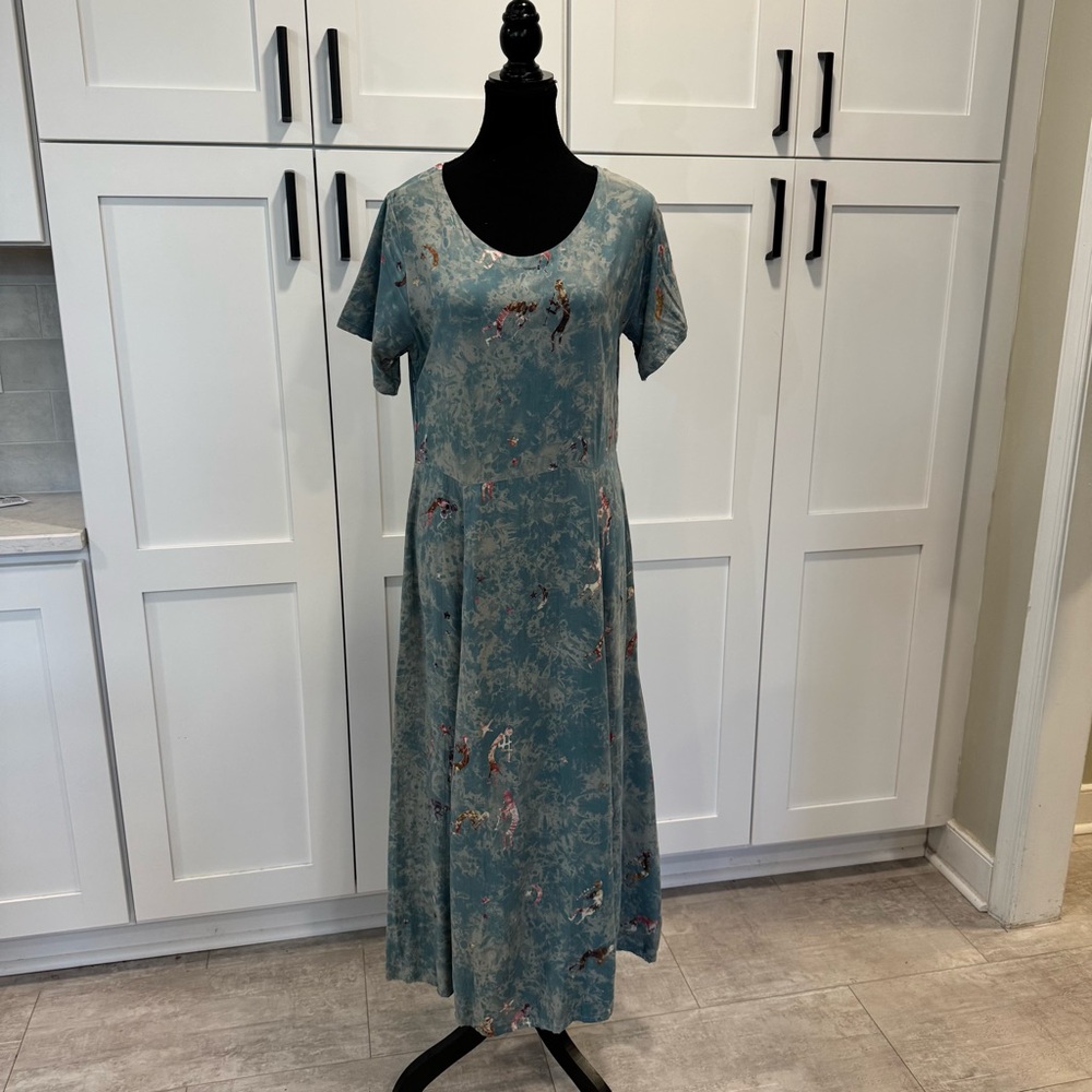 Global village women’s Elegant Blue print Women's summer Dress short slv size M